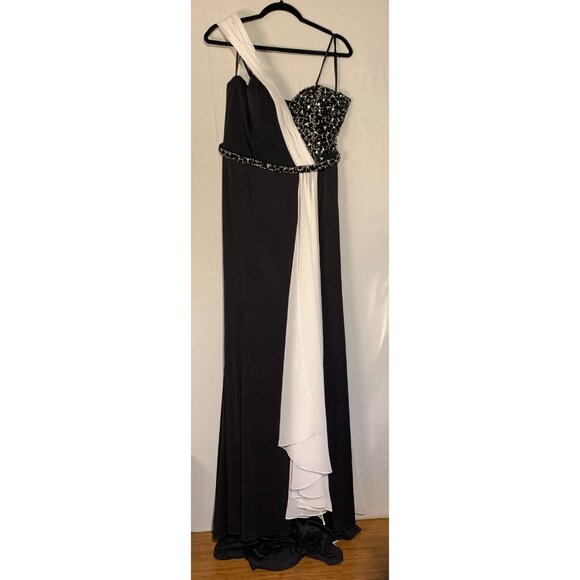 IMPERO COUTURE Euro size 46 Designer Formal Gown Black White Beaded One Shoulder - Picture 9 of 13